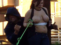 So this cutie with a tiny dog and giant fucking knockers comes walking up the street in a TUBE TOP! Everyone knows those are just meant to be pulled down! Her boobs were just begging to bust out of that taut top so we helped 'em out!