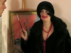 Retro dressed brunette hair eats cock and does hardcore anal